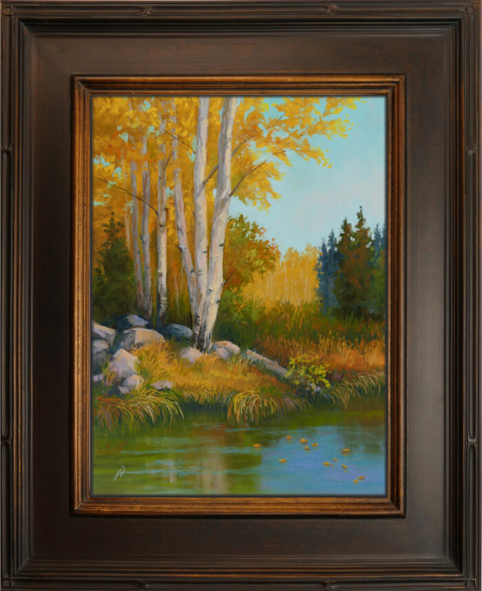Pastel painting of aspen trees reflecting in water with frame.