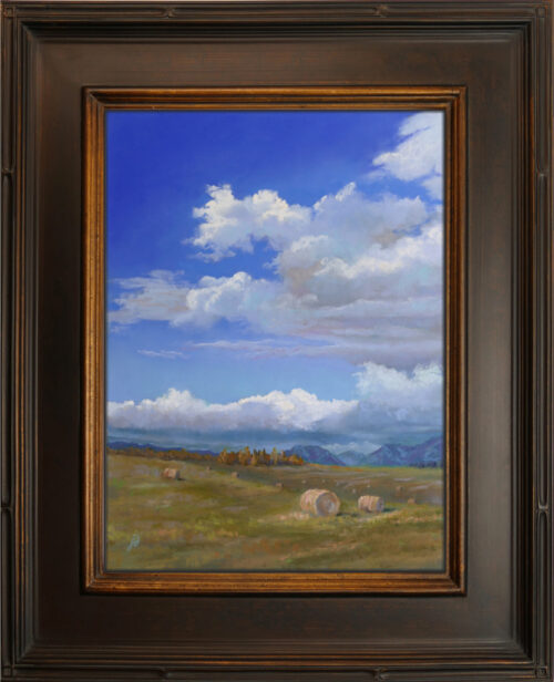 Pastel painting of Flathead farmland with frame.