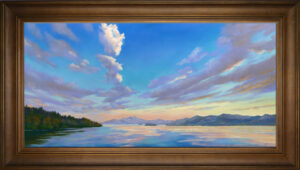 Pastel painting of a sunset over Flathead Lake with frame.