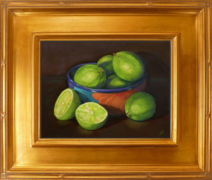 Pastel painting of a grouping of limes with gold frame.