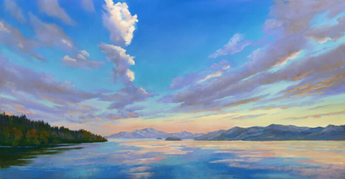 Pastel painting of a sunset over Flathead Lake.