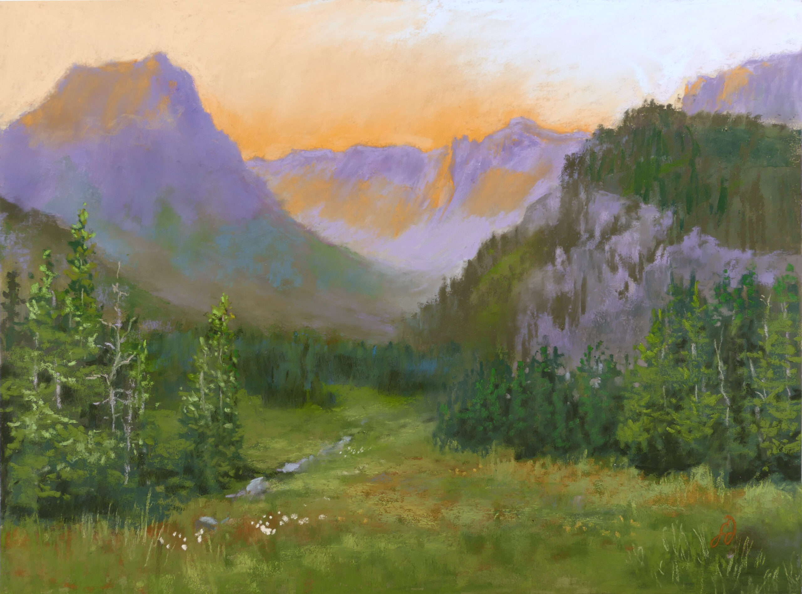Pastel painting of sunrise at Logan Pass in Glacier National Park.