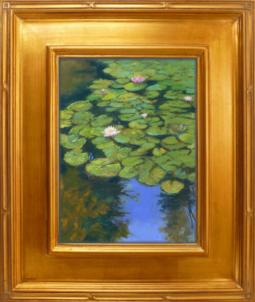 Photo of a painting of a Lotus Pond with gold frame.