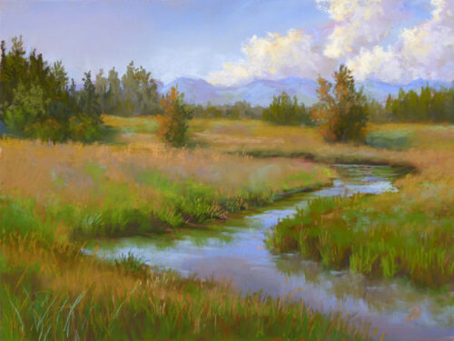 Photo of a landscape pastel painting.