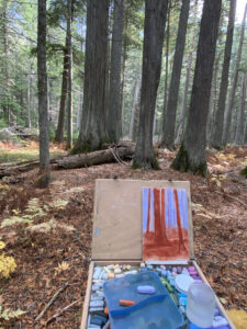 Photo of an easel set up in the forest.