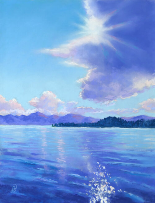 Photo of a pastel painting of a lake scene.