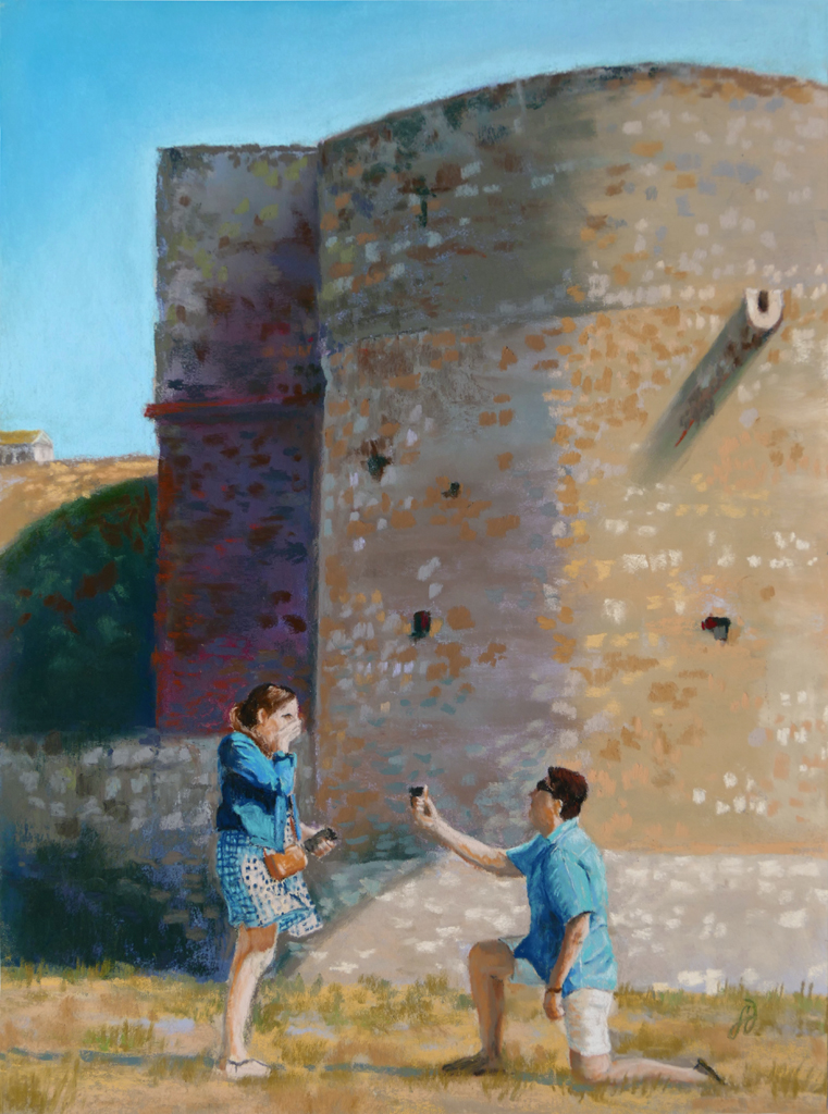 Photo of a painting of a couple getting engaged.