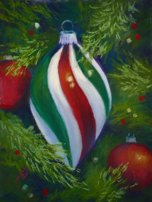 Painting of a Christmas ornament hanging on a tree.
