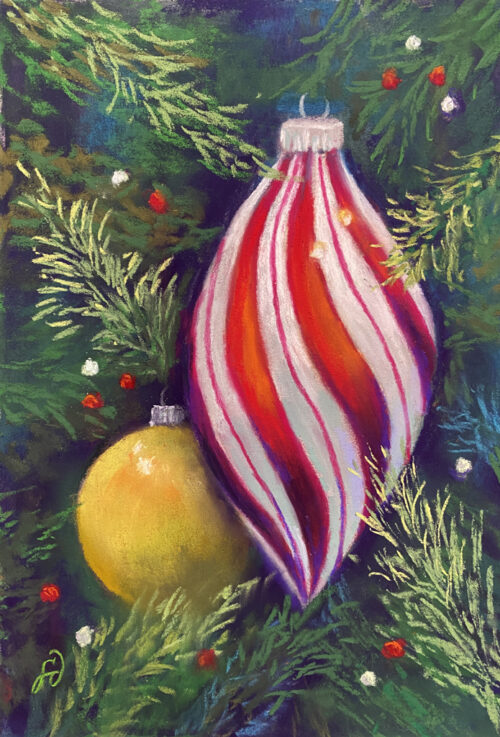 Painting of a Christmas ornament on a tree.