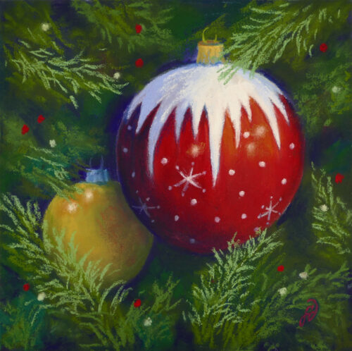 Painting of a Christmas ornament hanging in the tree.
