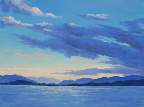 Photo of a pastel painting of an evening sky over Flathead Lake.