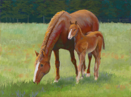 Photo of a pastel painting of a mare and her foal.