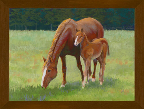 Photo of a pastel painting of a mare and her foal with brown frame.
