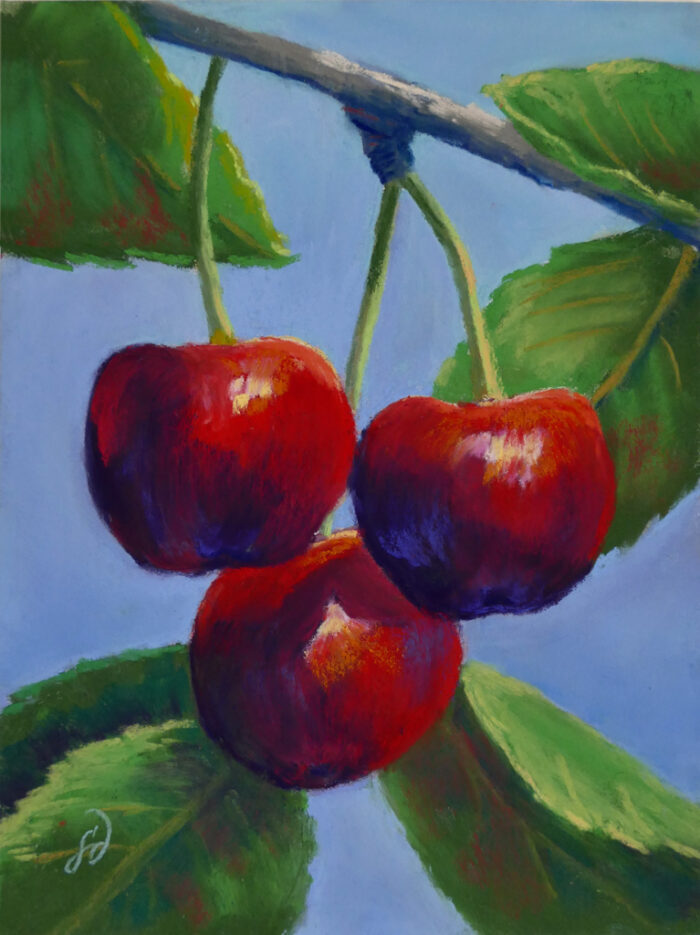 Photo of a pastel painting of a trio of cherries.