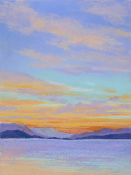 Photo of a pastel painting of a sunset over Flathead Lake.