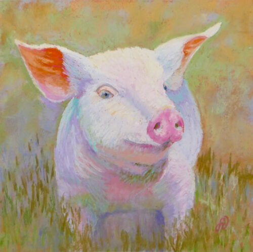 Photo of a pastel painting of a piglet.