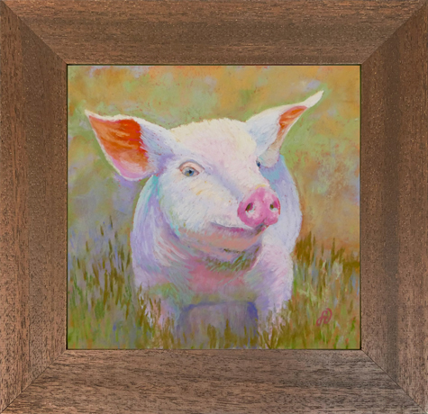 Photo of a pastel painting of a piglet with brown frame.