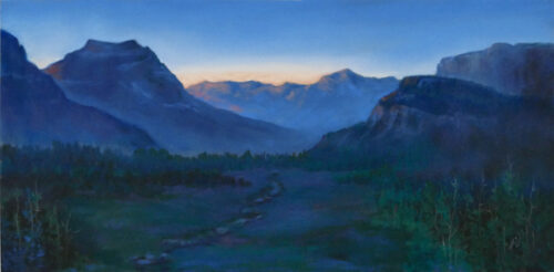 Photo of a pastel painting of the sun rising over Logan Pass in Glacier National Park.