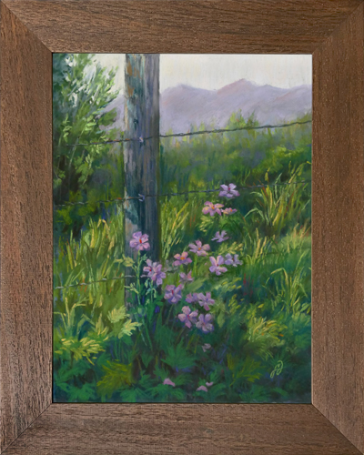 Photo of a pastel painting of wildflowers surrounding a fence post.