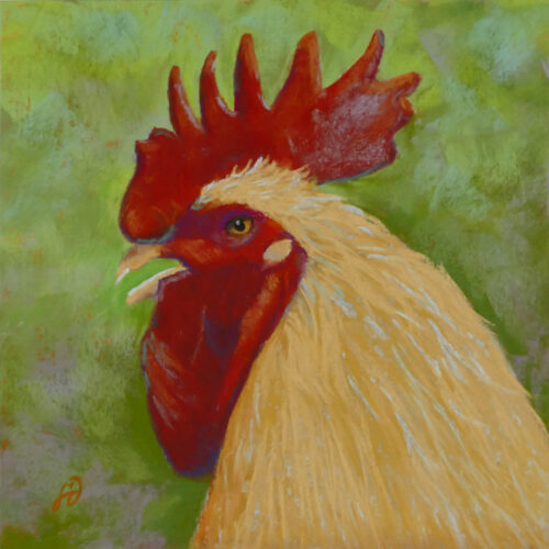 Photo of a pastel painting of a rooster.