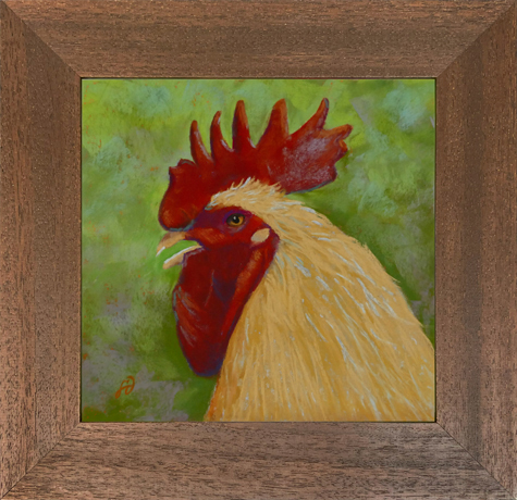 Photo of a pastel painting of a rooster. with brown frame.