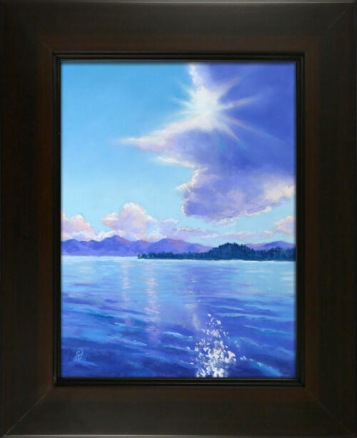 Photo of a pastel painting of a lake scene with frame.