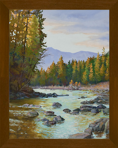 Photo of a pastel painting of light on the Swan River with brown frame.
