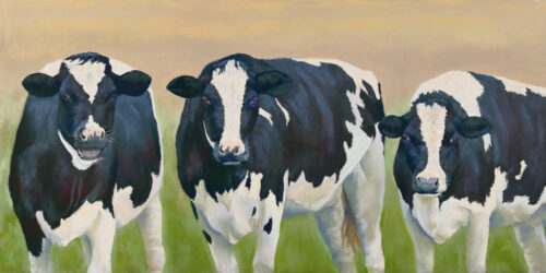 Photo of a pastel painting of three Holstein cows.