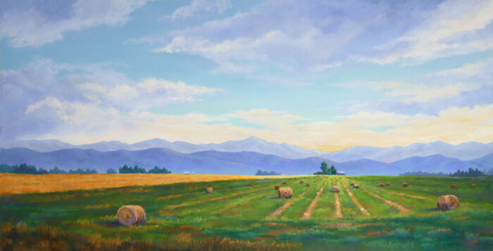 Photo of a pastel painting of a serene farm landscape.