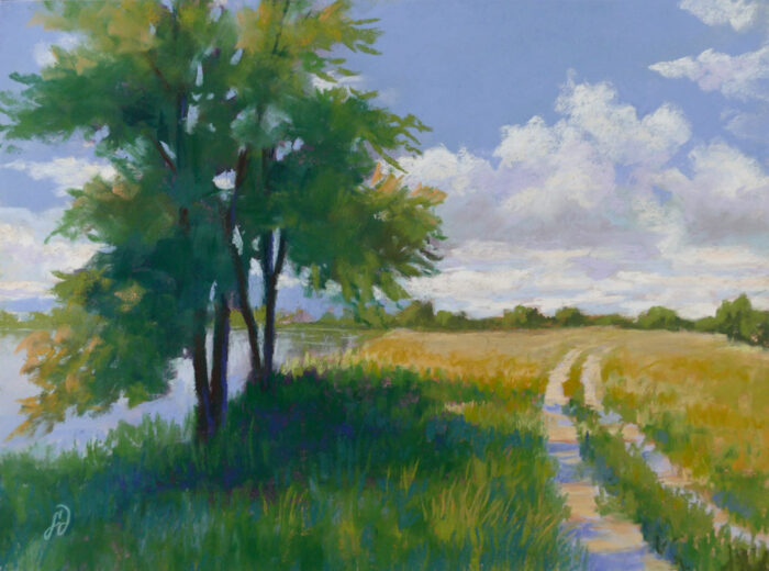 Photo of a pastel painting of a trail and tree shadow.