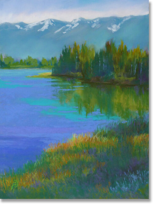 Photo of a pastel painting of Swan river and mountains.