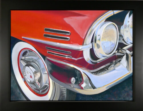 A photo of a framed pastel painting of a red Chevrolet front bumper.