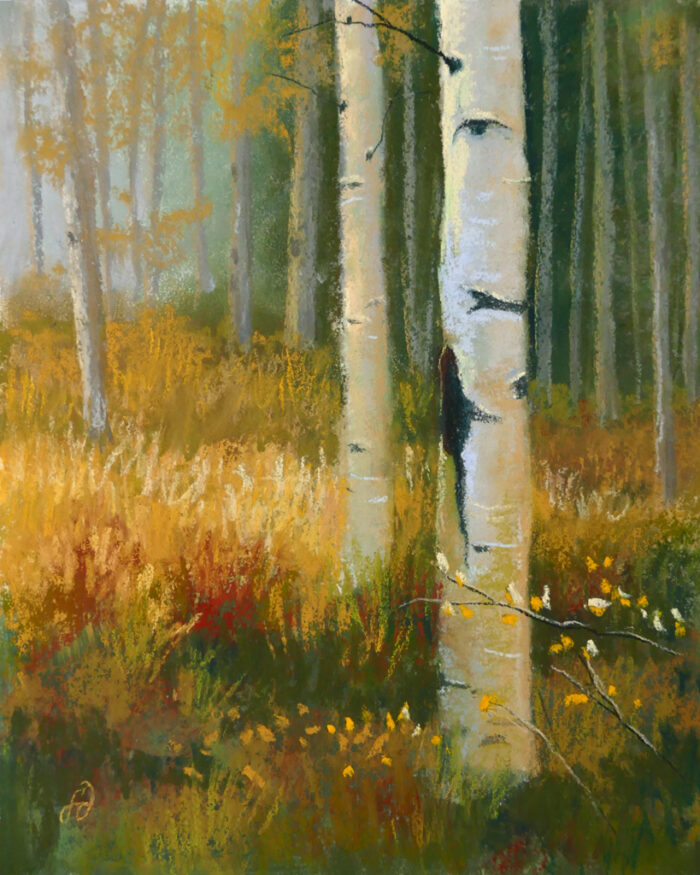 An original pastel painting of aspens with fall color.