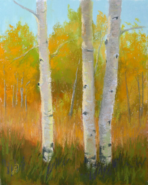 An original pastel painting of aspens with fall color.