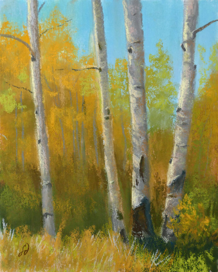 An original pastel painting of aspens with fall color.