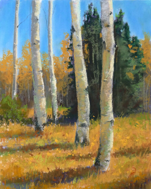 An original pastel painting of aspens with fall color.