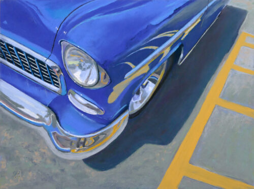 A photo of a pastel painting of a blue Chevrolet front right corner.