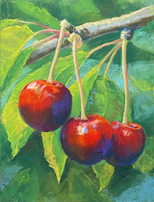 A pastel painting of three cherries hanging on a branch.