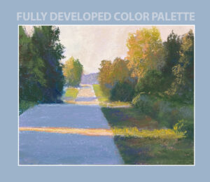 A pastel painting in of a road going off into the distance.