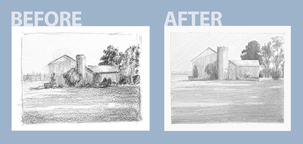 Two drawings of the same scene as before and after a drawing course.