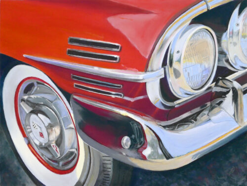 A photo of a pastel painting of a red Chevrolet front bumper.