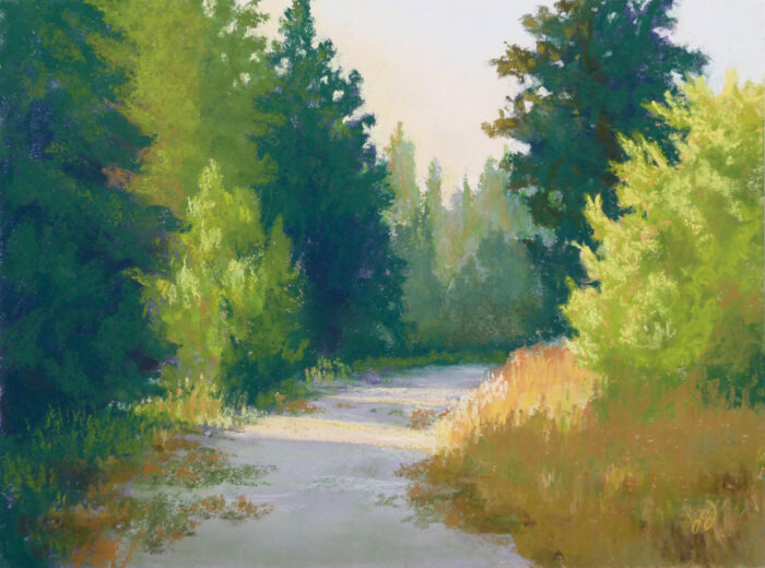 A pastel painting of a trail through sunlit trees.